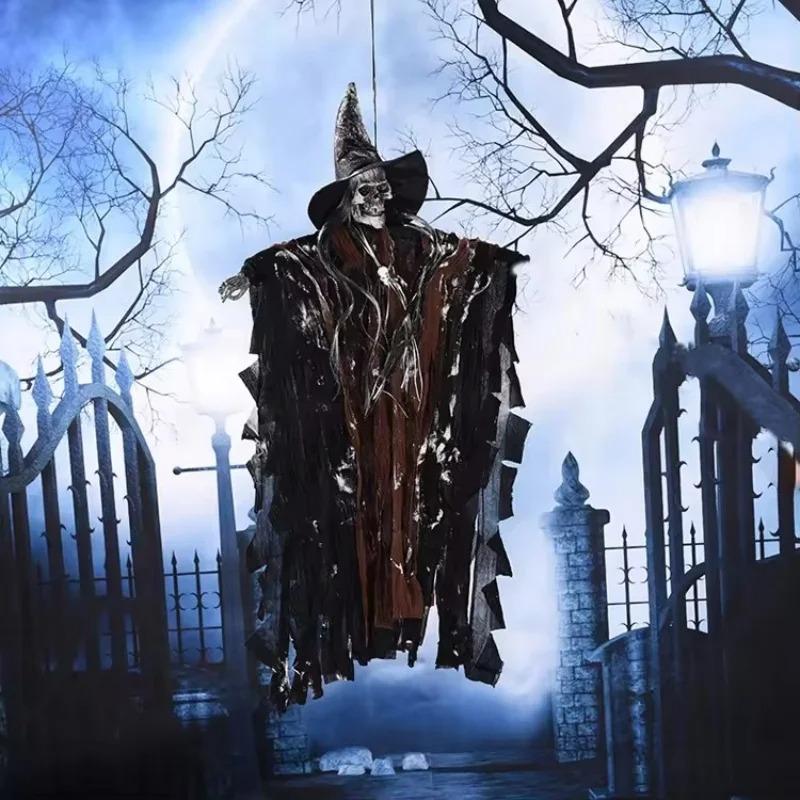Halloween Hanging Ghost Decoration Voice Control Luminous Electric Skeleton Head Haunted House PropOutdoor Indoor Party Decor