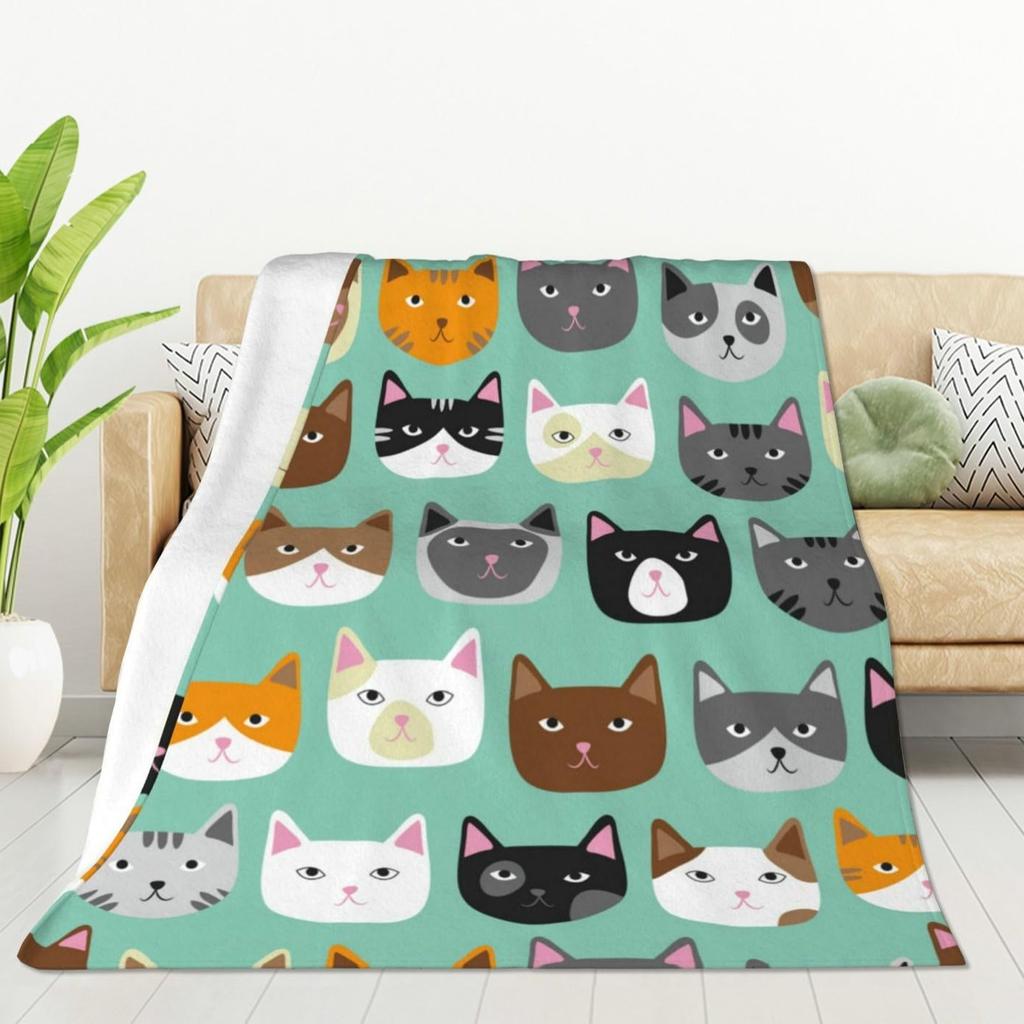 Cute Cat Flannel Blanket Multiple Sizes 2D Print Pink Face Kitty Design Soft Throw Sofa Bedroom Office Snuggle