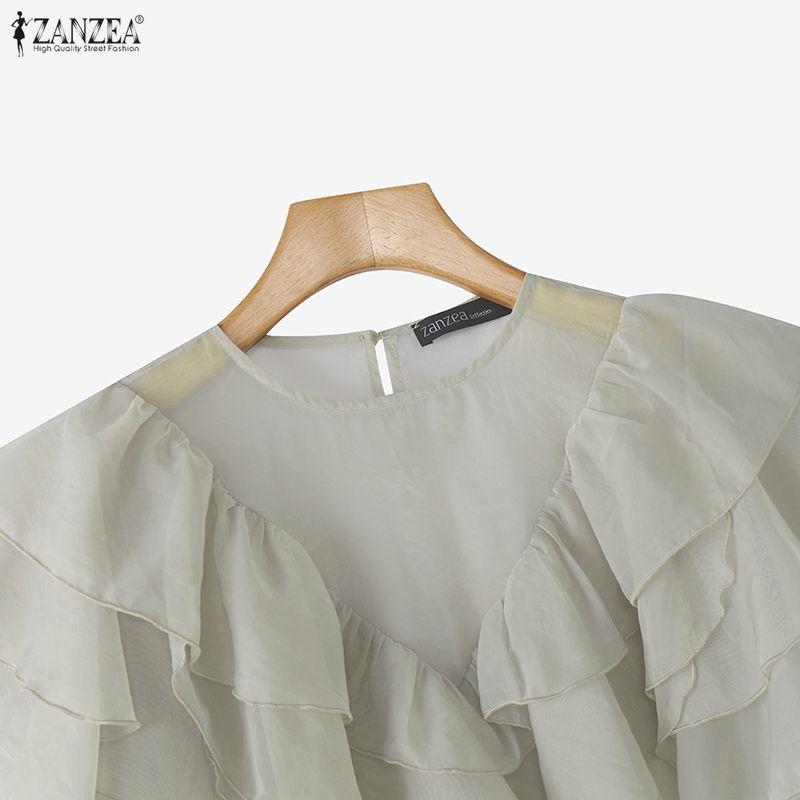 ZANZEA Damen Sommer Casual Kurzarm Durchsichtige Rüschen Überwurf Bluse