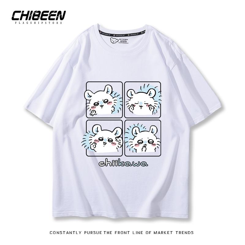 Chiikawa Cute Four-cell Pattern T-shirt Summer High Quality 100% Cotton T-shirt Casual Comfortable Loose Men's T-shirt