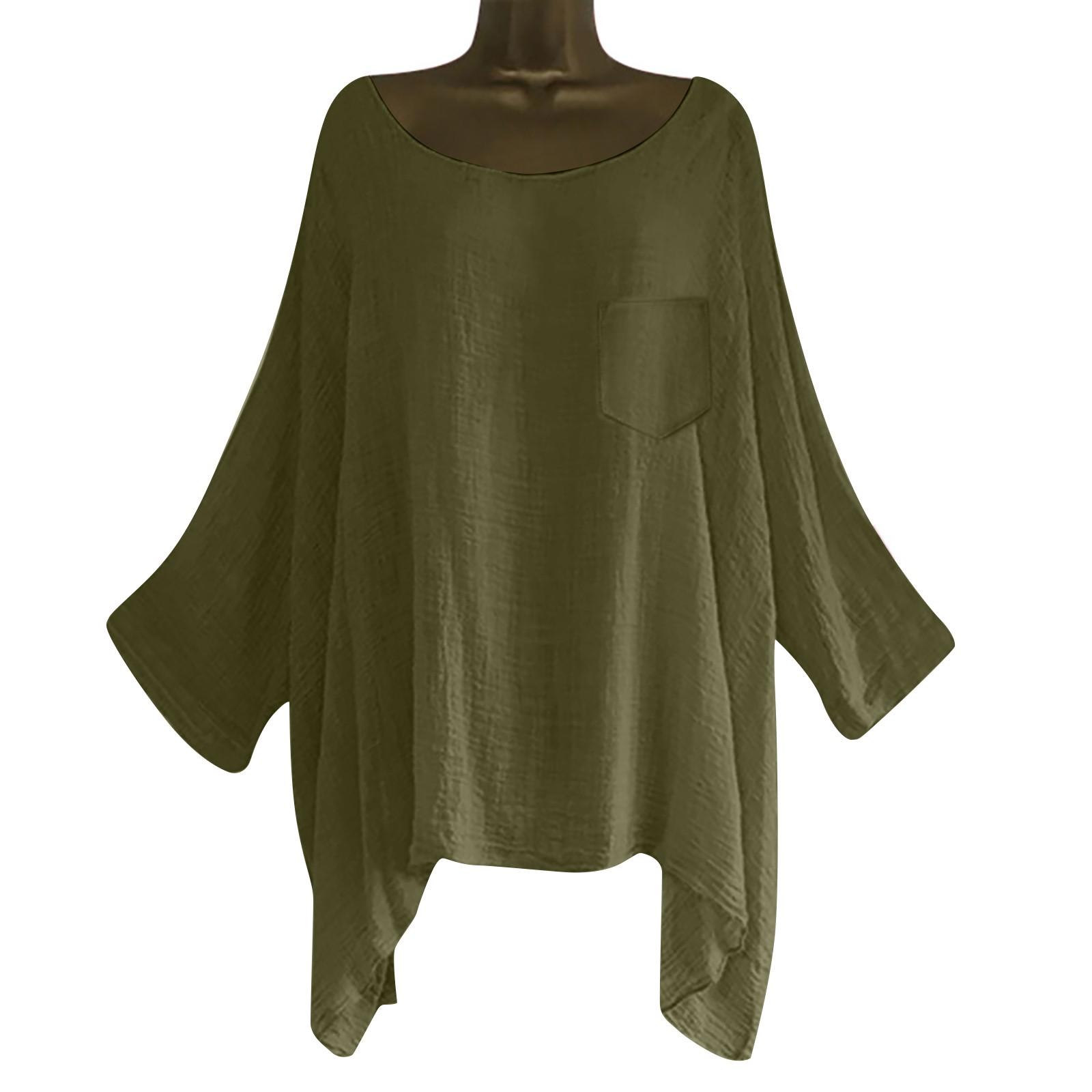 

Женские хлопковые льняные блузки с рукавом 3/4, футболка с круглым вырезом, однотонная рубашка L армия зеленый