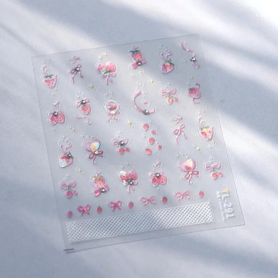 Cute Animals Bear Dog Cake Sweet Cherry Grid Bowknot Star Line Fruit Relief Self Adhesive Nail Art Stickers 5D Manicure Decals
