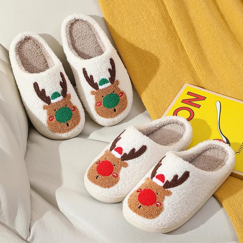 Fashion New Christmas Elk Cotton Slippers For Men Women Halloween Mask Home Slip Resistant Couples Indoor Plush Cotton Shoes In Winter