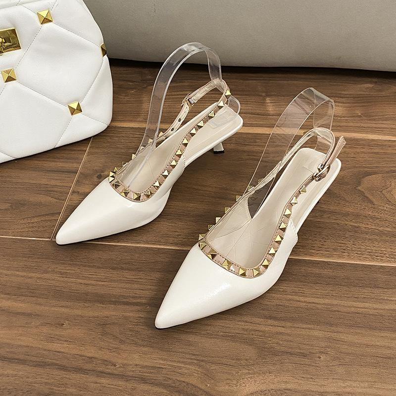 Baotou Sandals Women's 2025 New Summer French Pointed Thin Heel Light Mouth Word with Nude Rivet High Heels