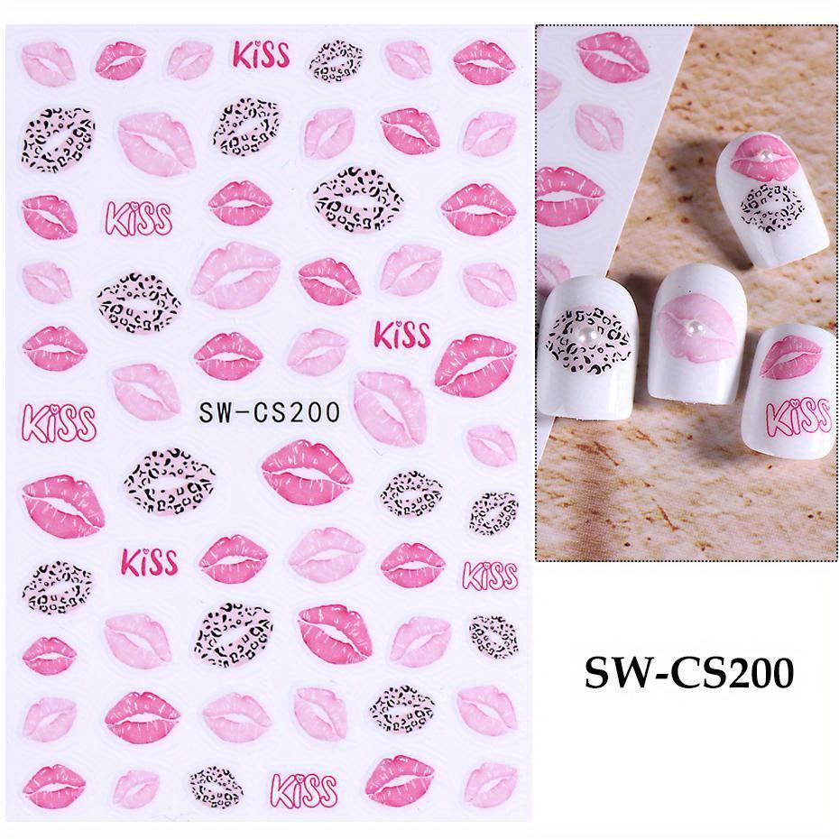 3D Sexy Lips Stickers Leopard Print Love Heart Letter Pink Rose Red Lips Valentines Manicure DIY Romantic Nail Decoration