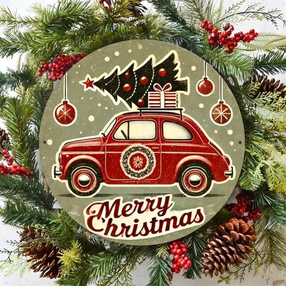 Vintage Christmas Car Tree Round Metal Sign 87x87 inch Festive Red Car Gift Merry Christmas Script Home Office Holiday Decoration