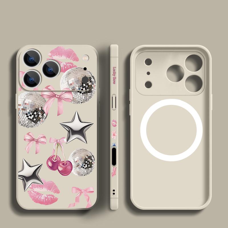 For iPhone 17 Pro Max Case Cherry Bowknots Lips Disco Ball Magnetic For Magsafe Silicone Cover For iPhone 16 Pro Max Funda iPhone 15 14 13 12 11 16E
