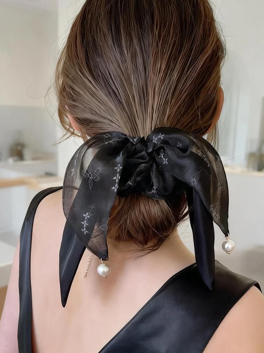 

2Pcs Chiffon Bow Hair Scrunchies for Women, Pearl Tassel Floral Hair Ties, Elegant Ponytail Holder Hair Accessories for Daily & чёрный