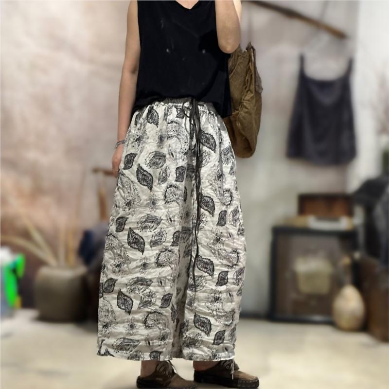 Johnature Women Vintage Striped Pants Print Floral Elastic Waist Loose Trousers Autumn Belt Casual Long Pants
