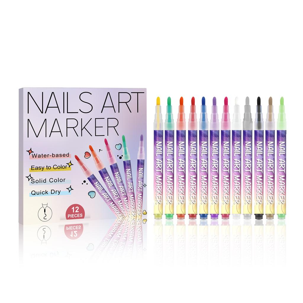 Quick drying nail color graffiti marker pen, 12 color nail art painting special pen set, easy to use portable nail acrylic pen