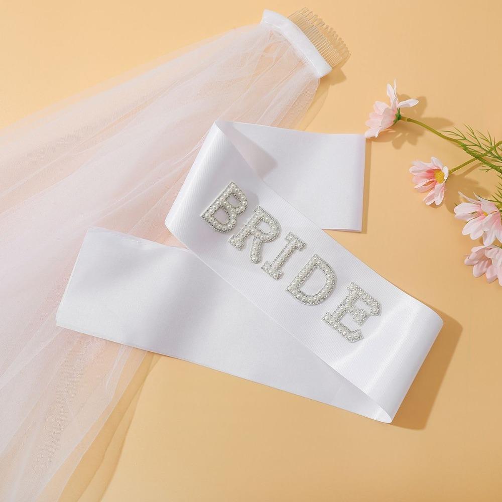 Pearl Letters Bridal Sash Veil Kit Sparkle Ribbon Edge Hair Headband White Bachelorette Party Supplies Engagement Party