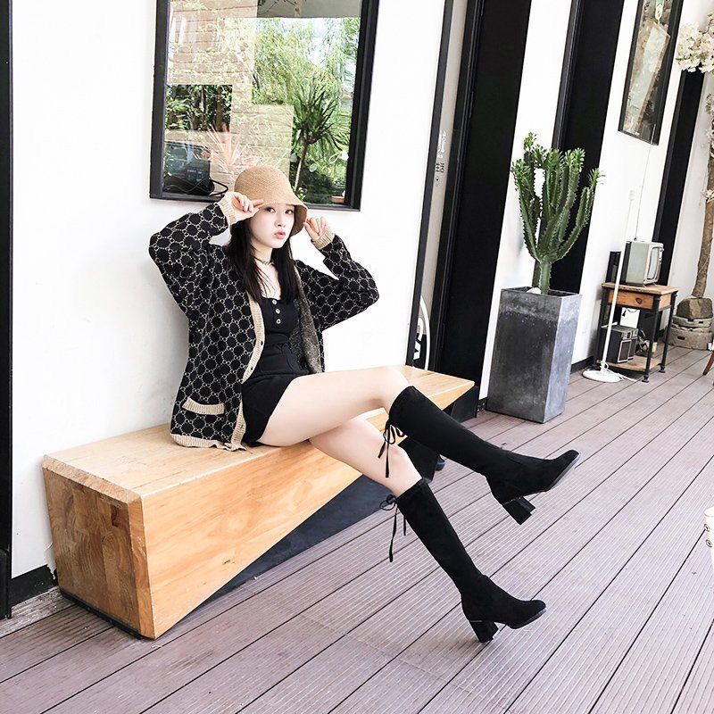 High-heeled elastic thin boots French high boots but knee boots 2025 autumn and winter new small thick heels