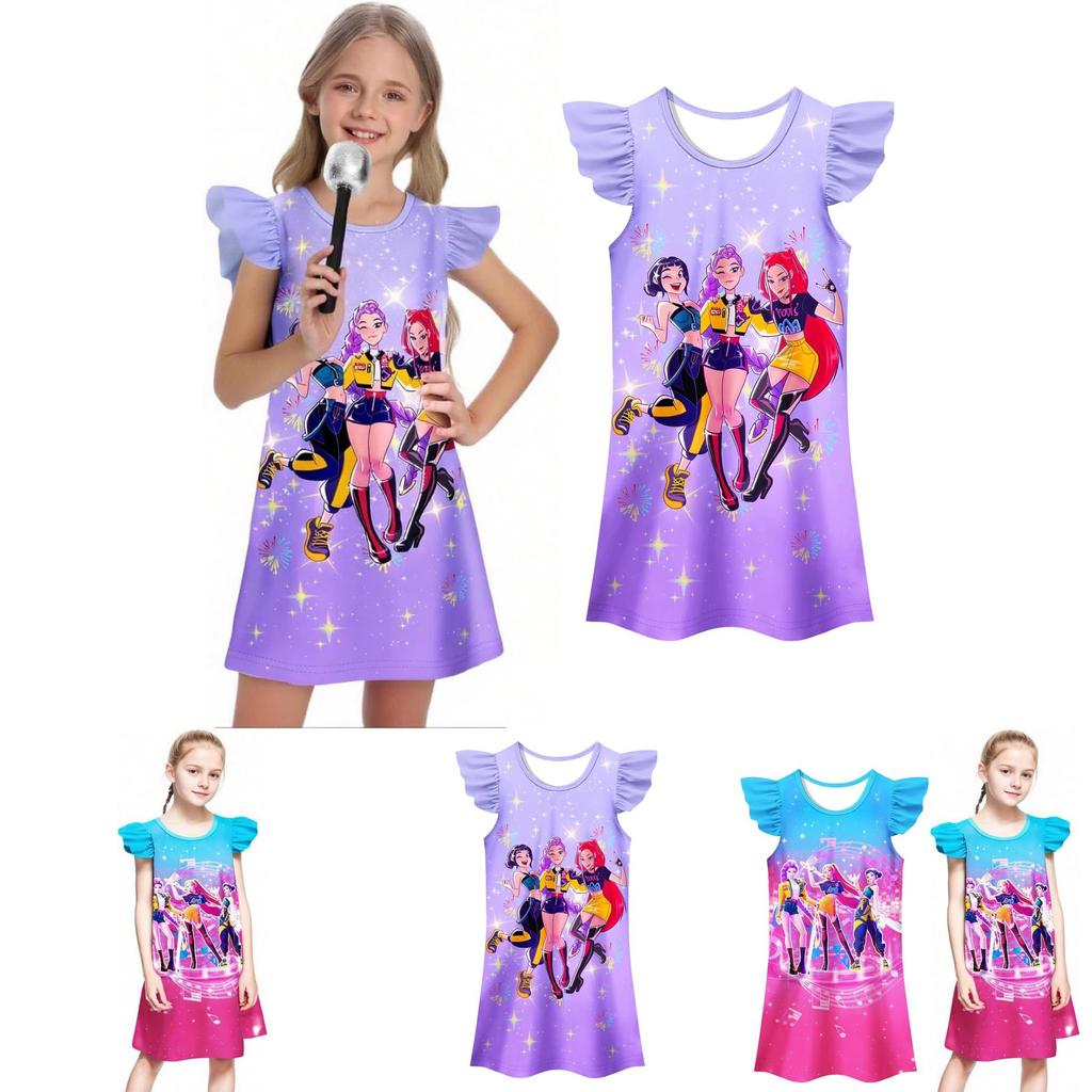 Kpop Demon Hunters Pattern Girl Sleep Dress With Cartoon Pattern For Kids Summer Wear