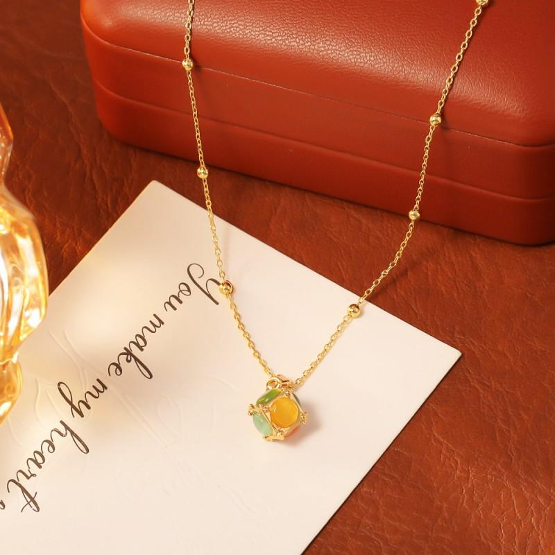Cats Eye Stone Cube Pendant Necklace Earring Set Dopamine Chic Minimalist Geometric Jewelry Women