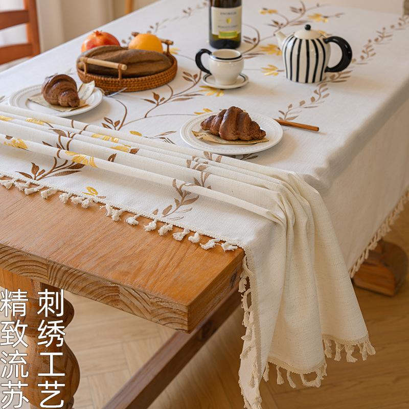 Embroidery Craft Rectangular Dining Table Cloth French Literary Simplicity Atmosphere Decorative Tassel