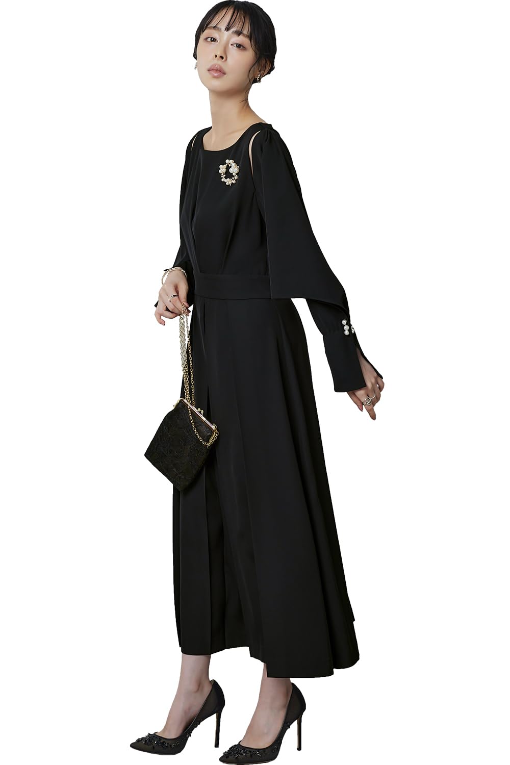 

Louet Shoulder Sleeve Slit Pearl Tuck Dress Dress for Long Large Party 3L Black [Louis Boutique] Women, Mrs., Mom, Formal, Sleeve, Long, Size,