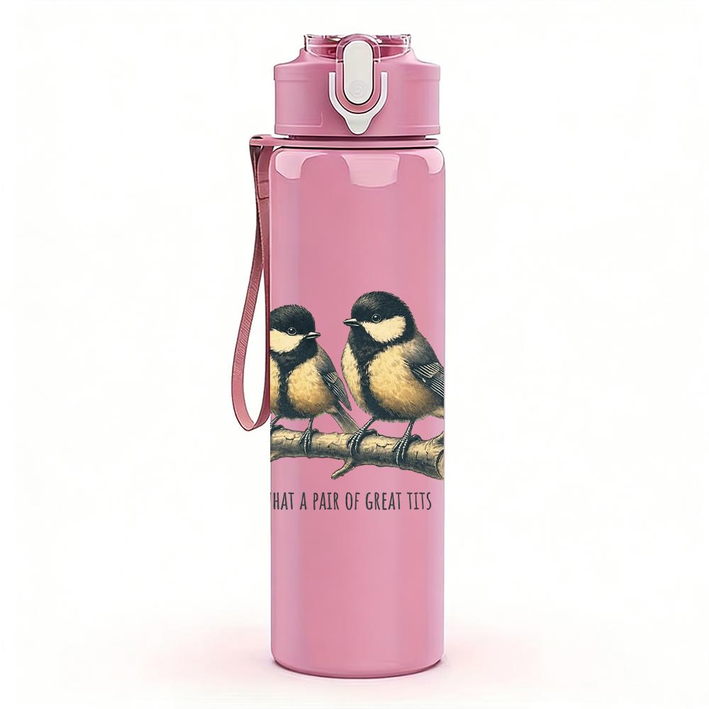 1PC Two Small Wild Birds Retro Print 750ml colorful plastic sports water bottle leakproof pop up lid with straw for outdoor work home use