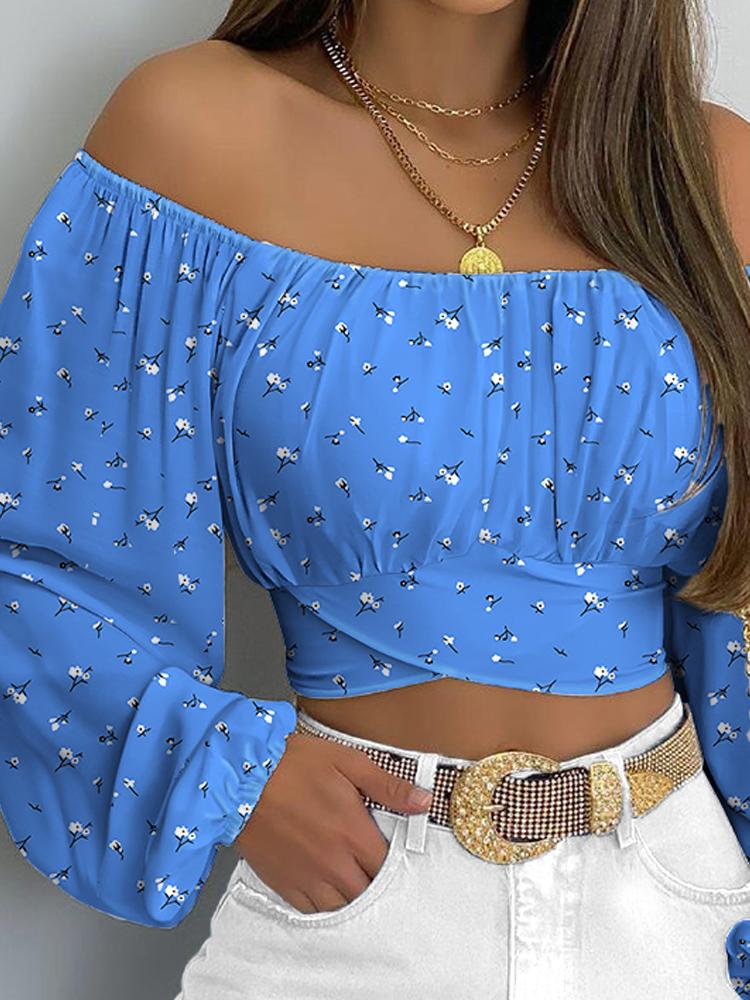 Autumn Women Print Crossed Tied Back Crop Top 2024 Femme Casual Off Shoulder Ruched Lantern Sleeve Blouse Lady Outfits
