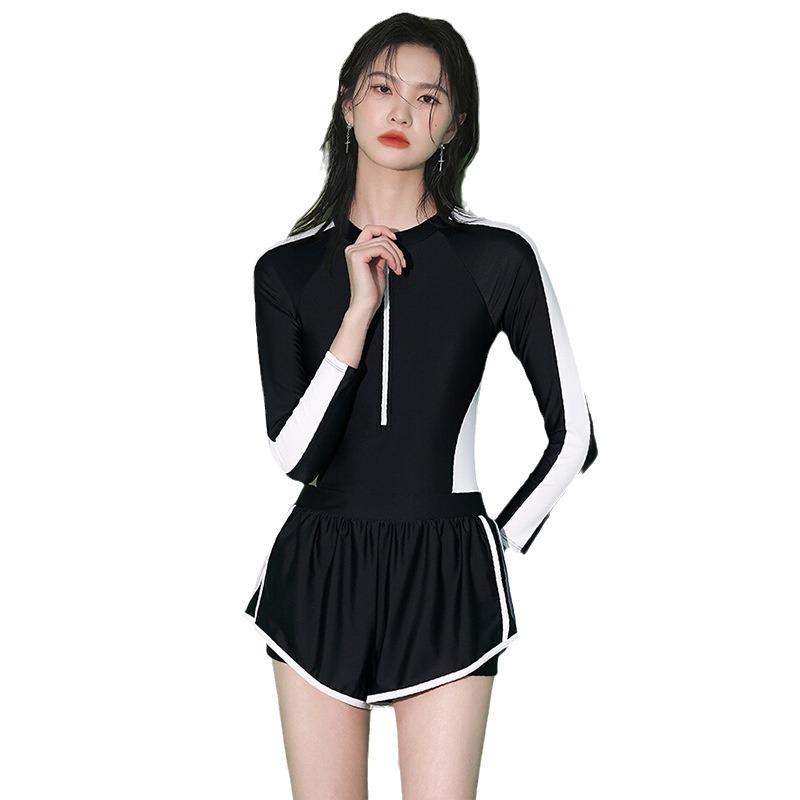 Conservative Long Sleeve Swimwear: Slimming Tummy Control Boyleg One-Piece for Female Students