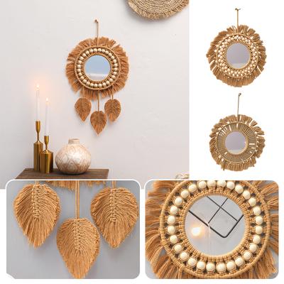 Ins Nordic Round Wall Mirrors Boho Macrame Decorative Hanging Mirror Living Room Bedroom Home Decoration Handmade Tapestry Gift