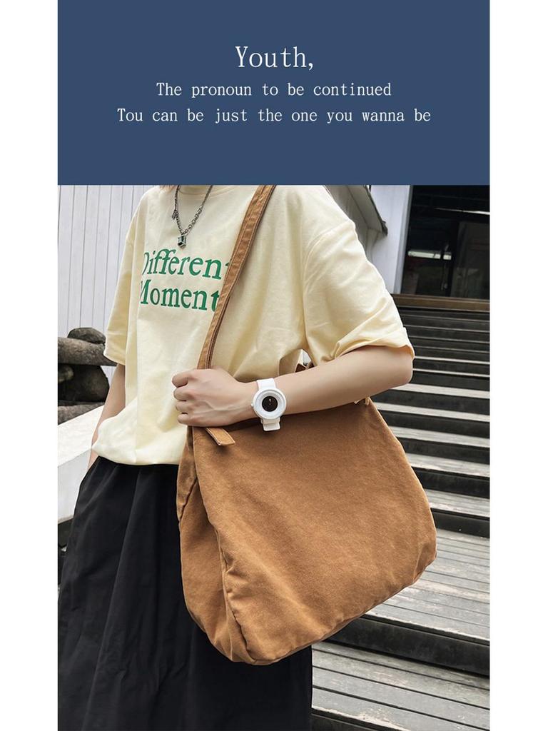 Japanese Minimalist Canvas Shoulder Bag: Large Capacity, Solid Color, Versatile for Shopping or School