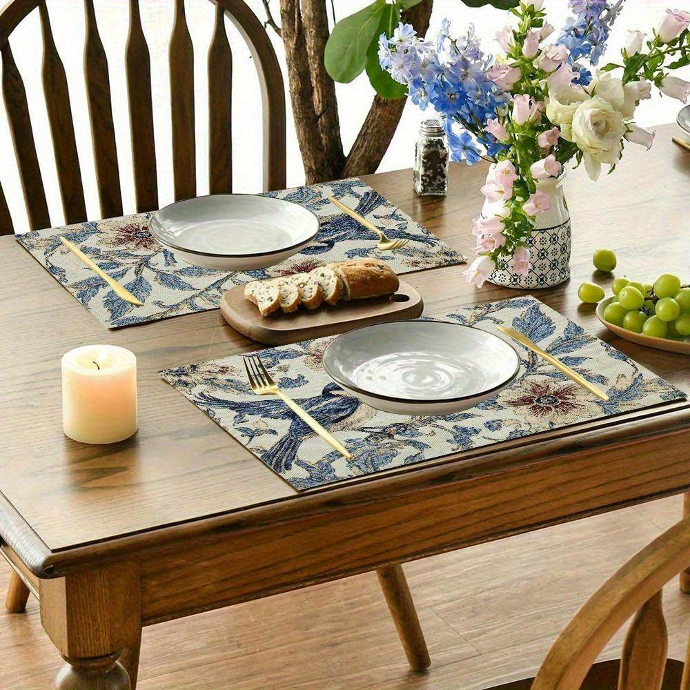 4pcs Linen Placemats Set, Bird and Flower Design, 12x18 Inches – Perfect for Dining Room, Kitchen Decor, Holiday Parties, and Home Table Settings