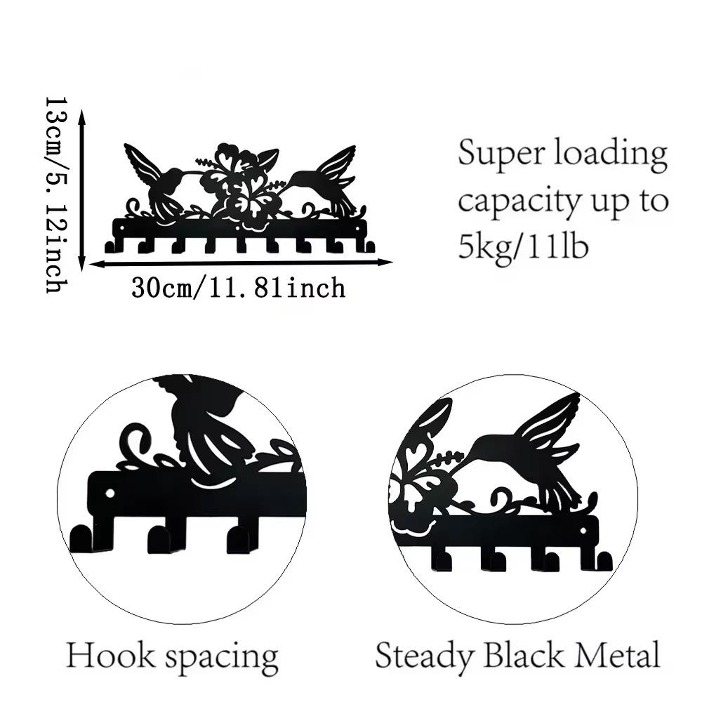 Metal Wall Hanging Storage Rack – Bird and Flowers Design Coat Rack for Keys and Hats, Wall-Mount Hooks, and Coat Organizer