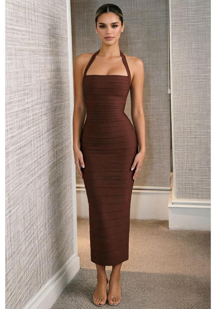 Yizhi Lian Halter Ribbed Bandage Midi Dress