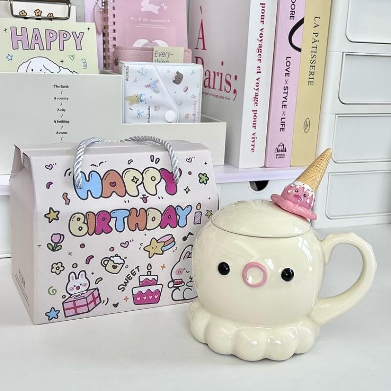 Give girls birthday gifts, high-value octopus ceramic cups, cute mugs with lids, girlfriends' souvenirs, gift boxes.