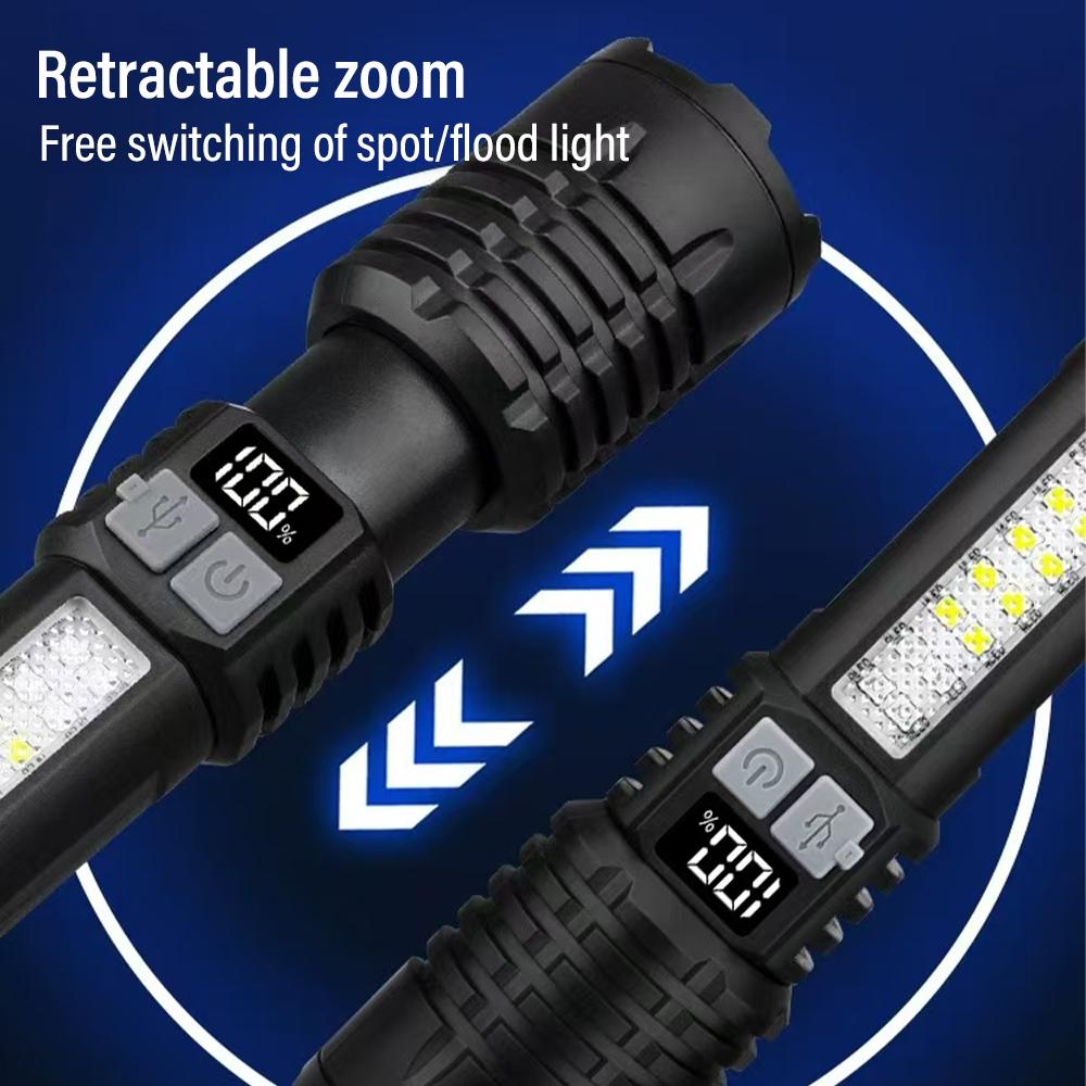Rechargeable LED Hands-Free Flashlight, Portable Flashlight with Telescopic Zoom and Power Indicator Light, Five Lighting Modes