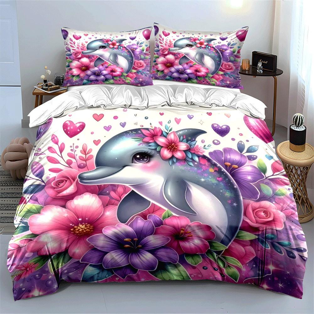 Dolphin Floral Set For Decor Exquisite Three-Piece Bedding Set Gift For Kids And Adults