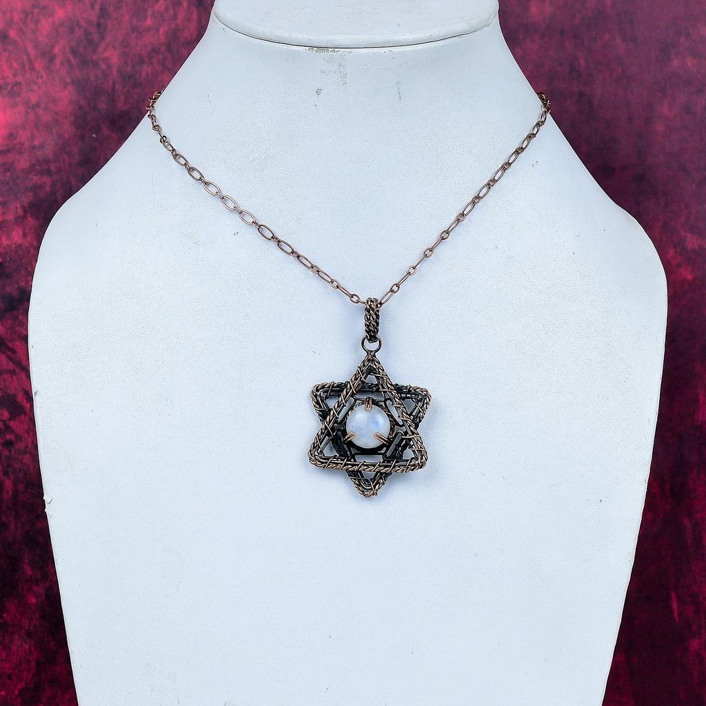 Rainbow Moonstone Pendant Real Gemstone Jewelry Copper Wire Wrapped Star Pendant