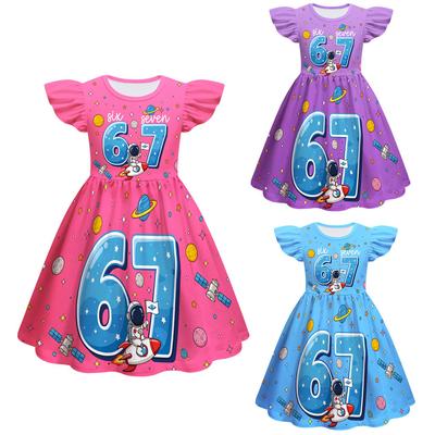82865 Kids Girls Steal a Brainrot 67 Print Ruffle Sleeveless Princess Dress