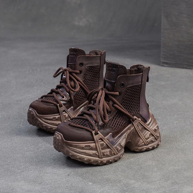 Johnature Vintage Genuine Leather Splicing Mesh Breathable Hollow-out Boots Women's Platform Shoes