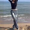 American Retro Washed Wide-leg Jeans Y2k Street Cat Whisker Pattern Design Sense Loose Straight Mopping Trousers Women