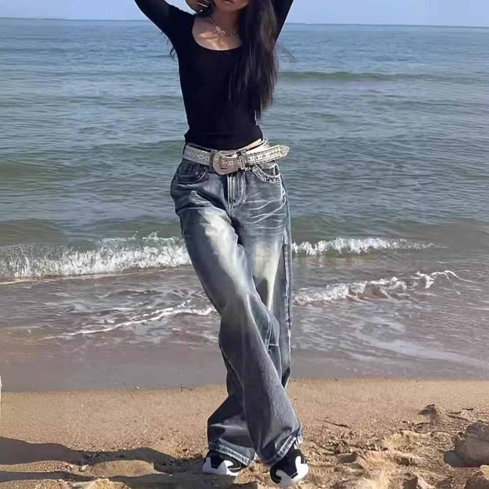 American Retro Washed Wide-leg Jeans Y2k Street Cat Whisker Pattern Design Sense Loose Straight Mopping Trousers Women