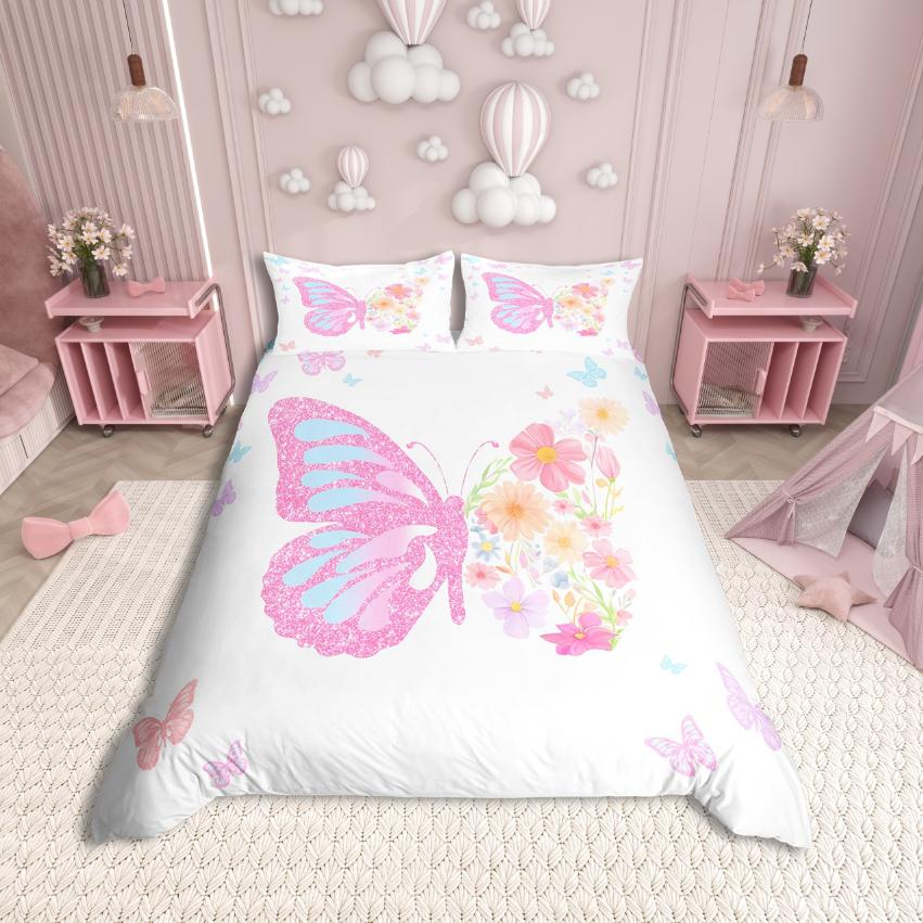 Homewish Kawaii Butterfly Duvet Cover Set,Girls Pink Comforter Cover Set,Fairy Tale Theme Bed Set For Girls Teens