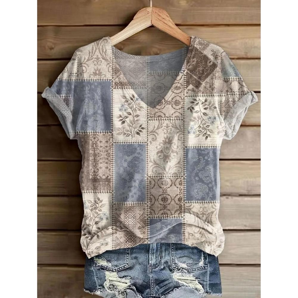 

Women s Vintage Stylish V Neck Short Sleeve T-Shirt Floral Geometric Print Casual Regular Tops Daily Weekend Wear for Summer XL
