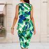 Women Plus Size Round Neck Sleeveless Tropical Leaf Printed Bodycon Midi Dress
