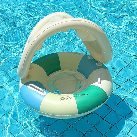 Baby Pool Float with Canopy Vintage Striped Inflatable Swim Ring with Safety Seat