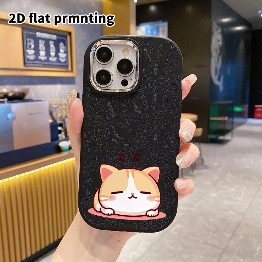 Phone Case: 2D flat design suitable for iPhone 18 17 16 15 14 13 Pro protective case, couple style, sleeping chubby orange cat, Christmas and Hallowee