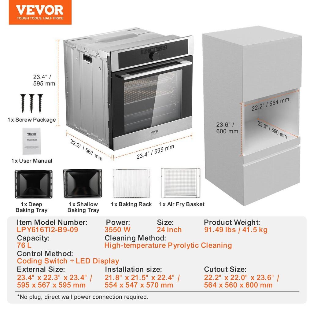 Single Wall Oven 24" Electric Built-in Wall Oven 16 Functions 2.68 Cu. Ft