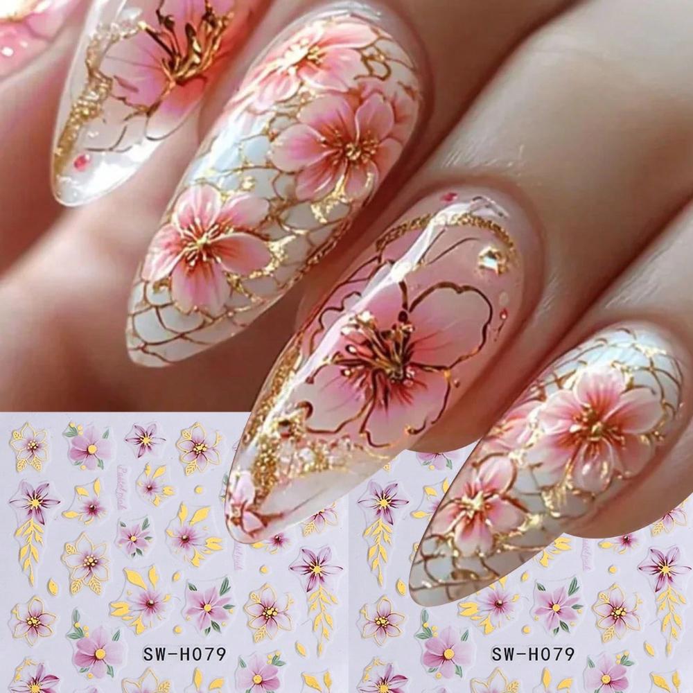 1Pc Gold-Edged Pink Floral Nail Sticker, Cherry Blossom Vine Pattern for Spring & Summer Nails