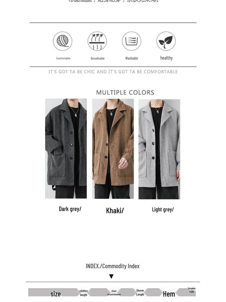 Men's Corduroy Wool Coat - Mid-Length, Loose Fit, Spring/Autumn, Hong Kong & Korean Style