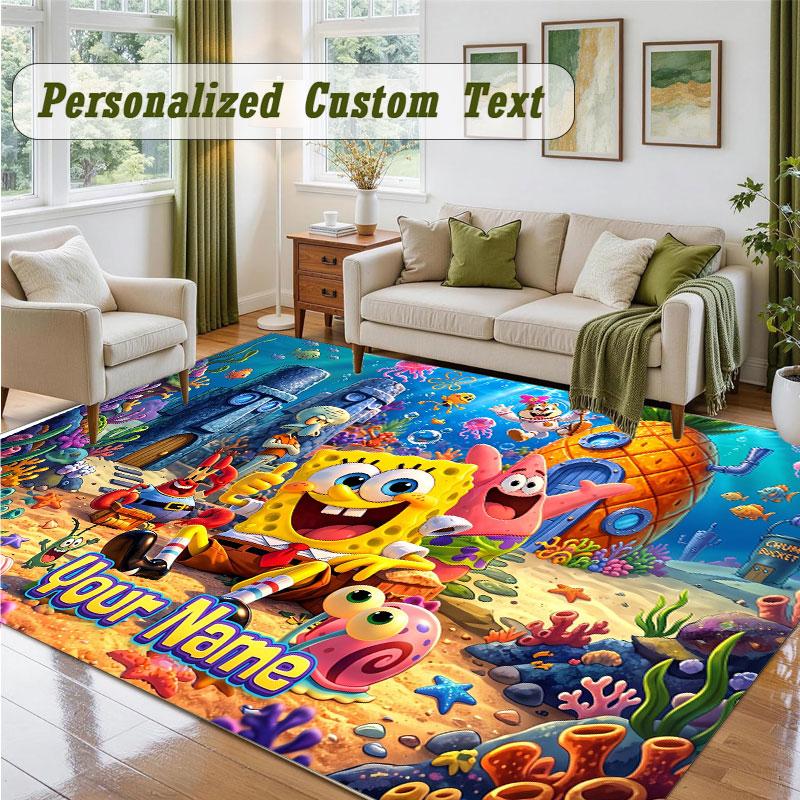 Crystal Velvet Square Rug Custom NameSpongeBob Pattern Non Slip Home Floor Decor Rug