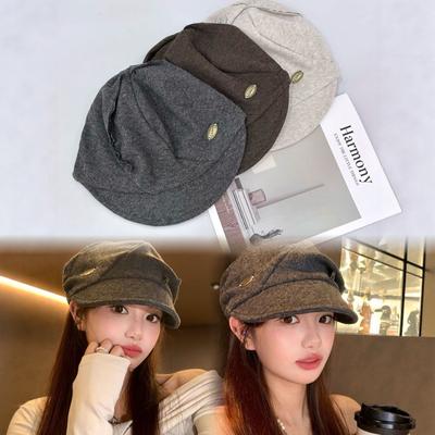 25 Early Autumn New Retro Cloud Hat Women's Simple Metal Small Label Show Face Small Versatile Newsboy Hat