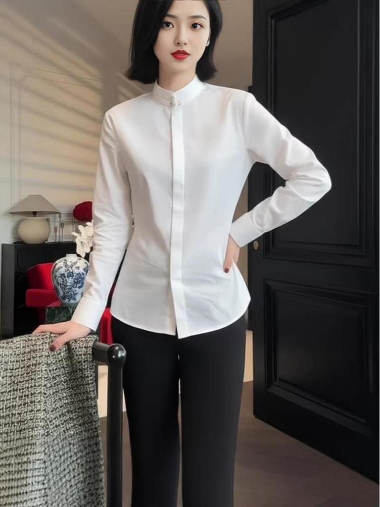 2026 Spring Women's Stand Collar White Shirt - Elegant, High-End Chinese Style Top