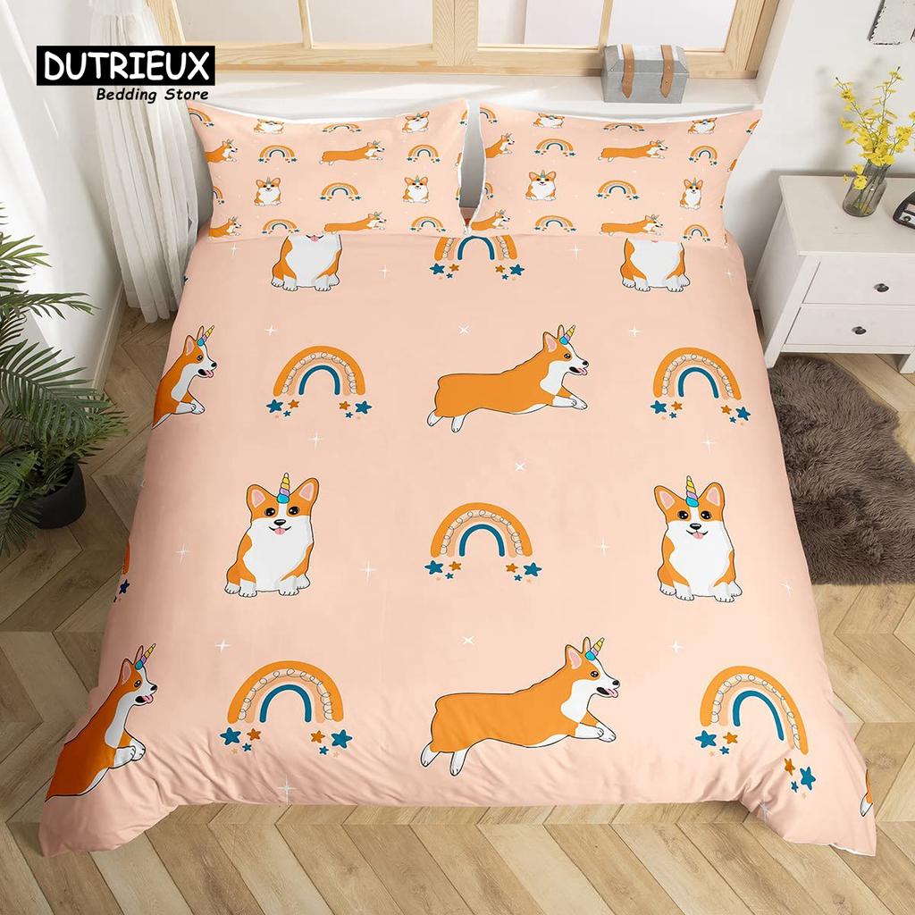 Cute Panda Duvet Cover Set Kawaii Rainbow Cartoon Animals Bedding Set Full Microfiber White Flowers Pink Heart Comforter Cover