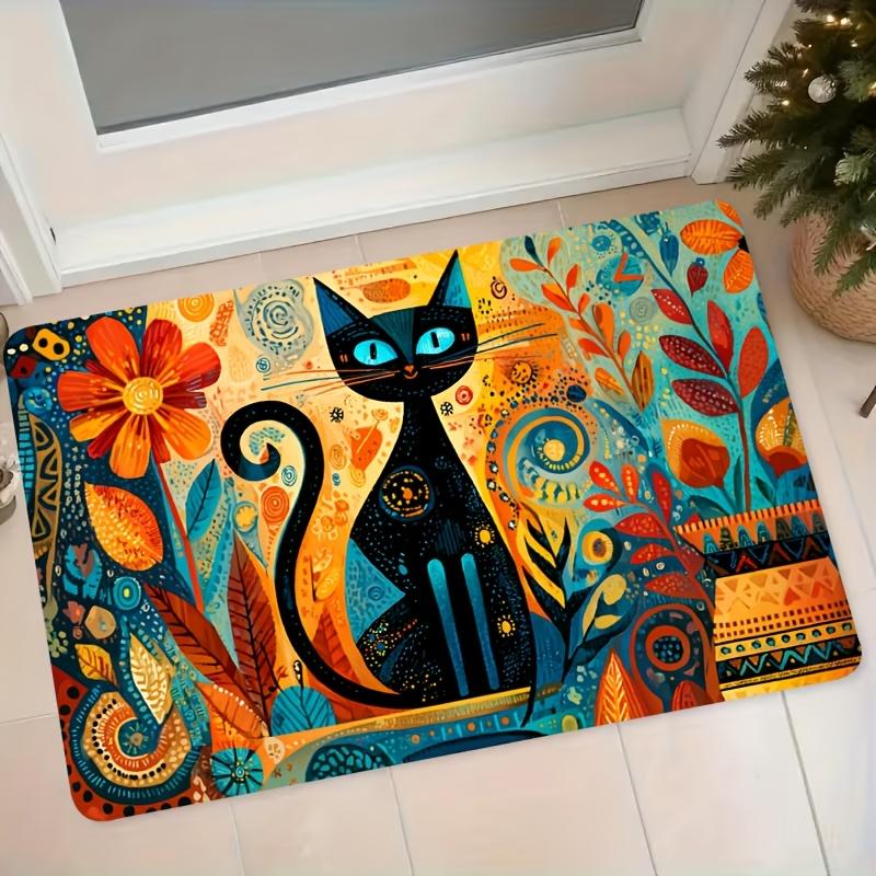 1pc Artistic Black Cat Floral Flannel Doormat, Entrance Mat for Bathroom and Bedroom, Non-Slip Absorbent Foot Mat, Bohemian Style Decorative Floor Mat