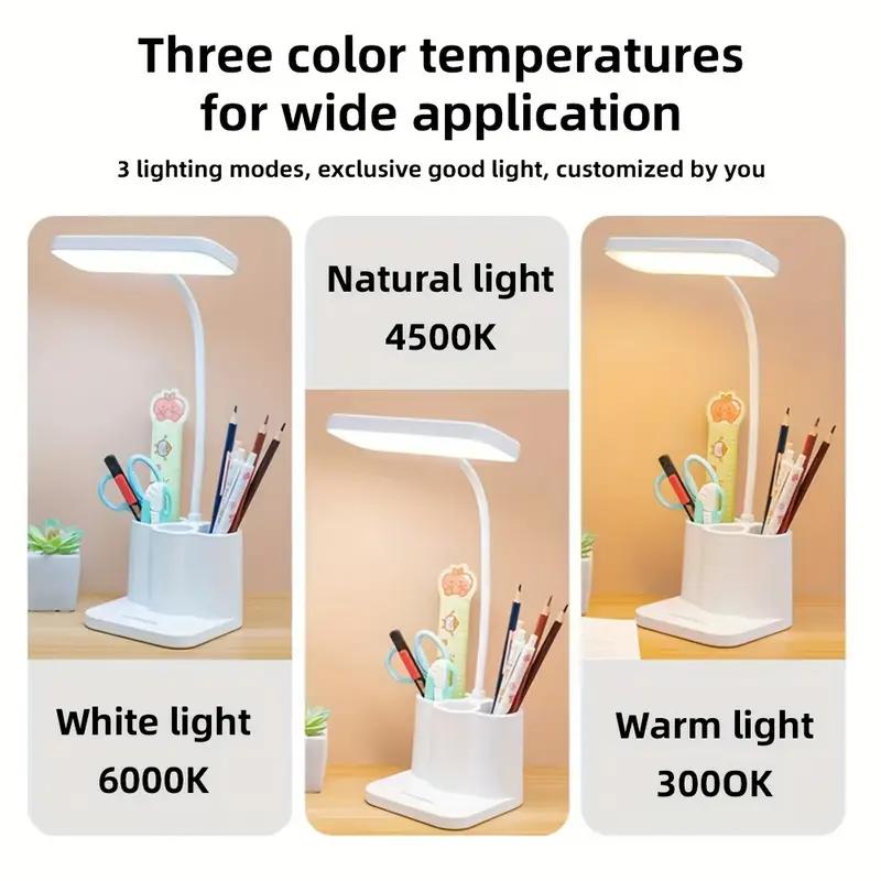 Lampe de bureau LED réglable avec commande tactile, protection des yeux, 3 modes de température de couleur, porte-stylo, rechargeable par USB, pour la lecture